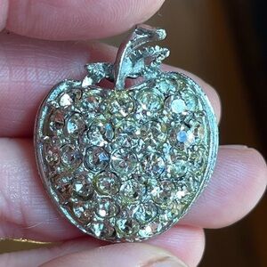 Apple pin brooch rhinestone silver